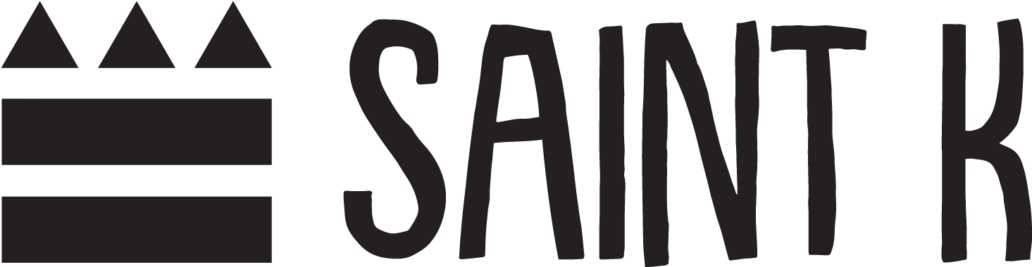 Black logo with three triangle shapes and the text “SAINT K” in tall letters.