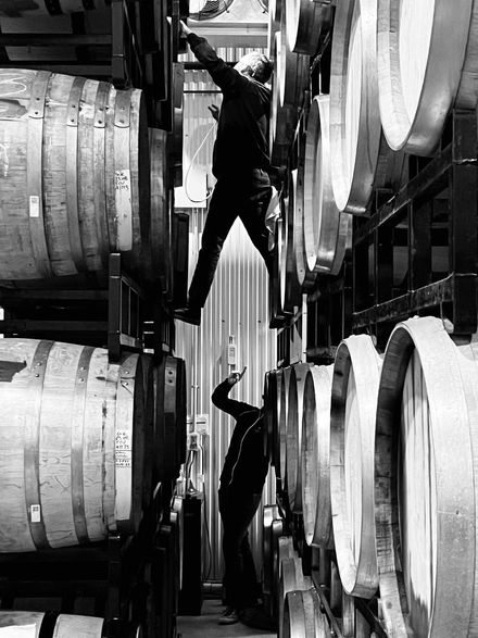 Workers climbing between stacked wooden barrels in a dim industrial warehouse.