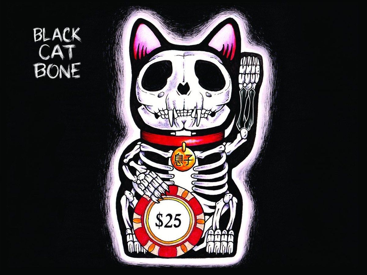 Black cat skeleton graphic with pink ears, red collar, and a $25 price tag
