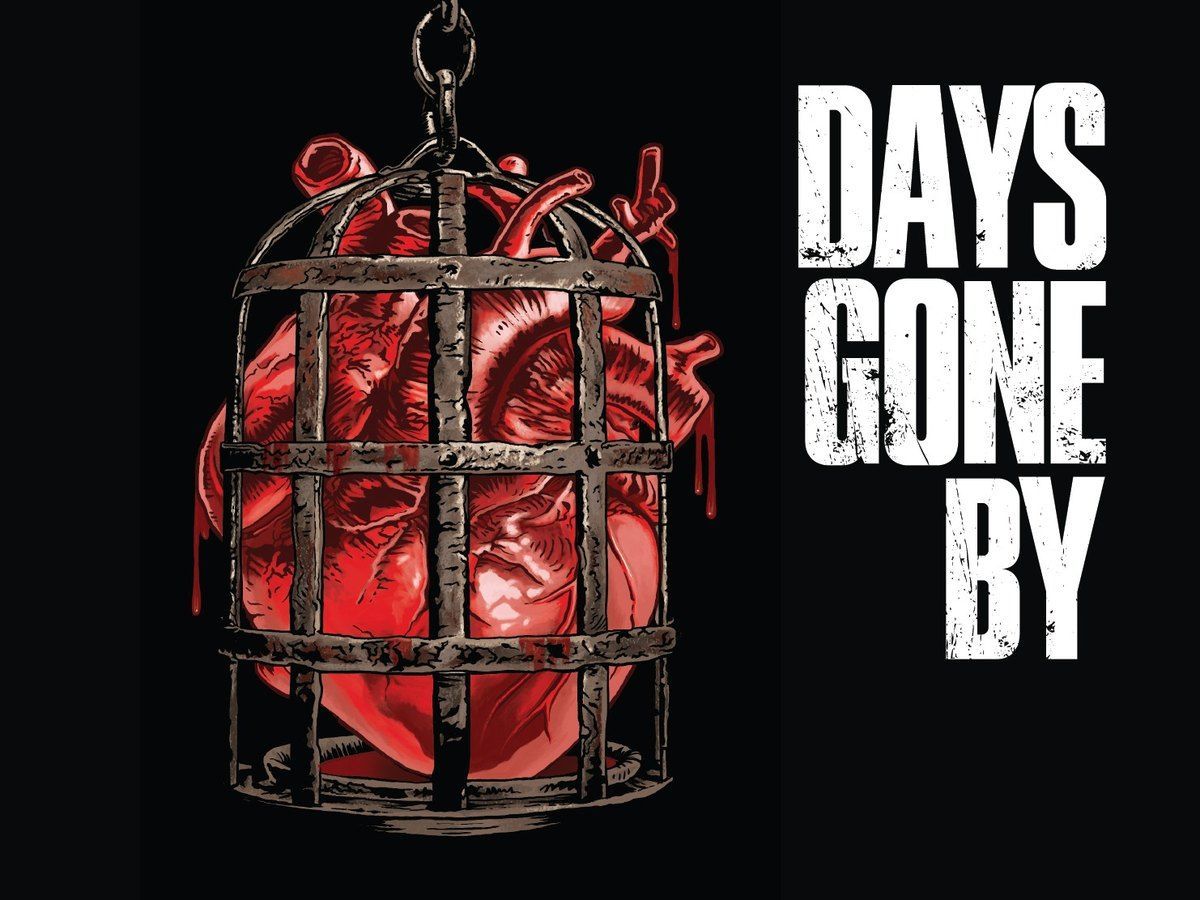 A red heart trapped in a hanging metal cage beside the text “DAYS GONE BY”