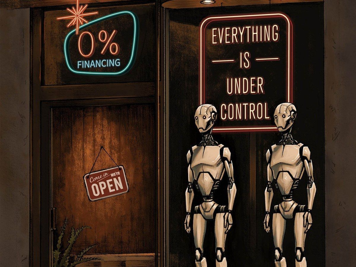 Neon sign outside a robot-themed shop reading “0% financing” and “Everything is under control” with two robots in the window