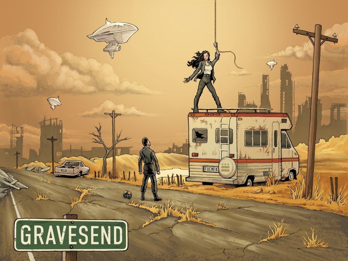 Post-apocalyptic road with armed figures, abandoned RV, and GRAVESEND sign under a dusty sky