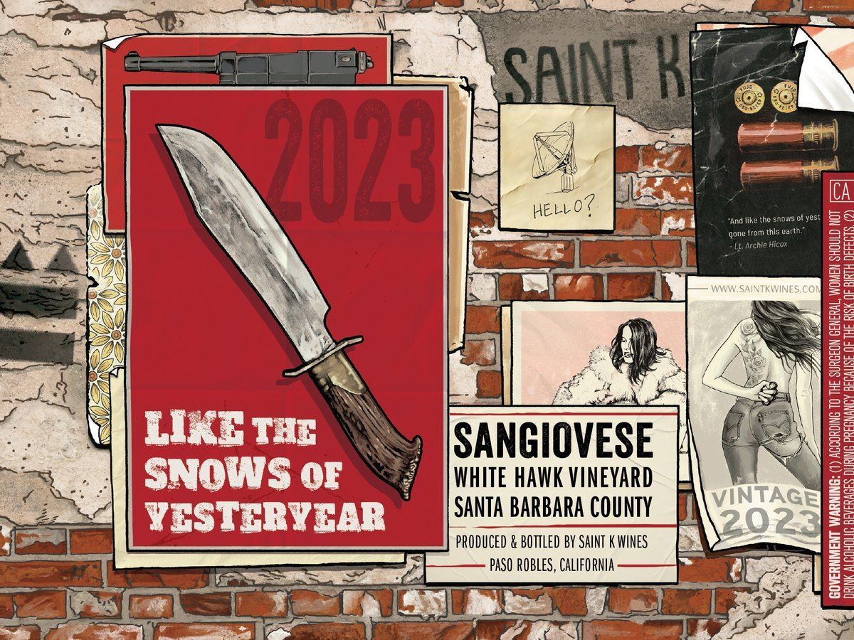 Like The Snows of Yesteryear poster with a knife and past labels posted on the wall behind it.