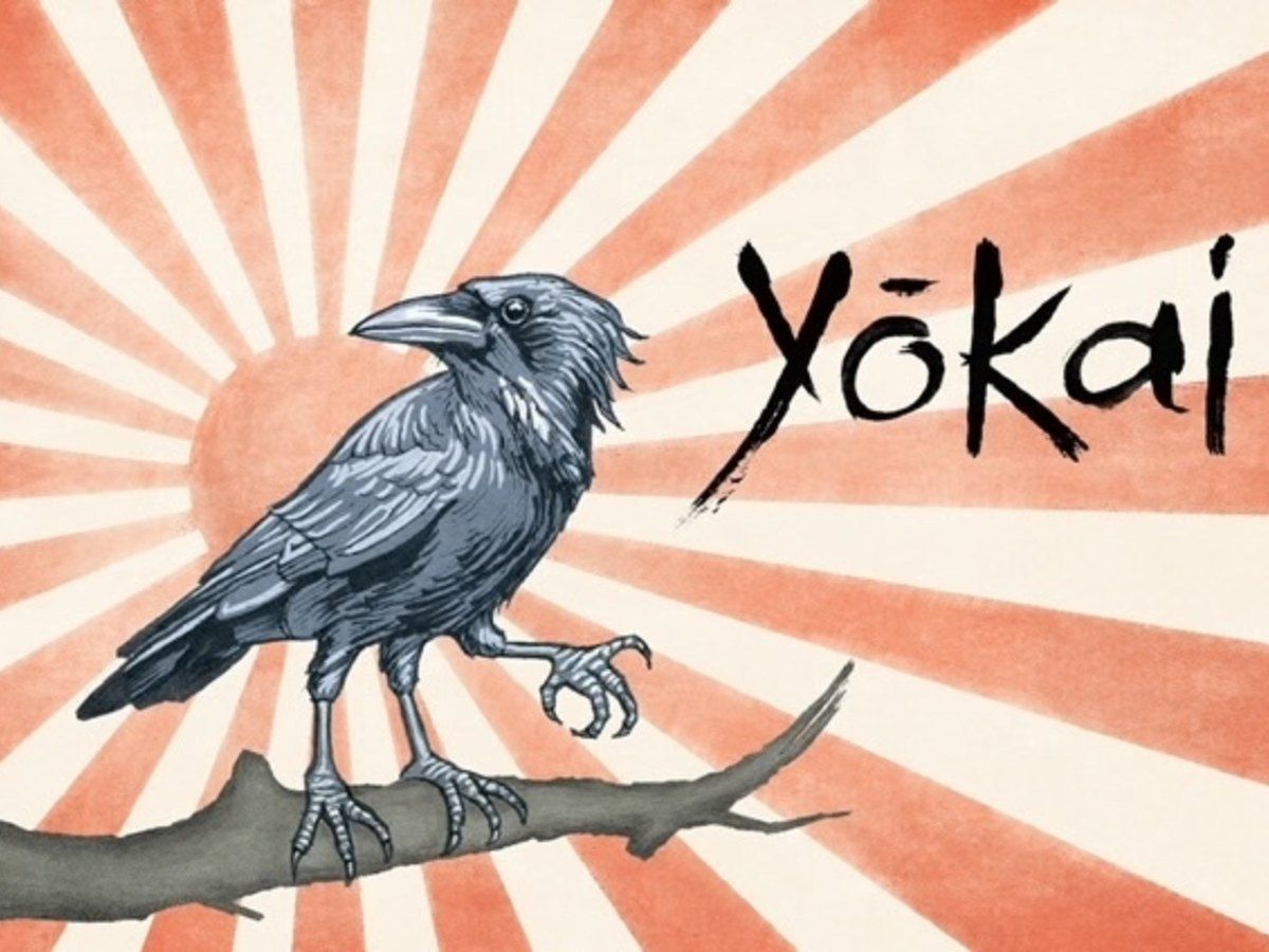 Black raven perched on a branch with red sunburst background and the word “Yōkai”