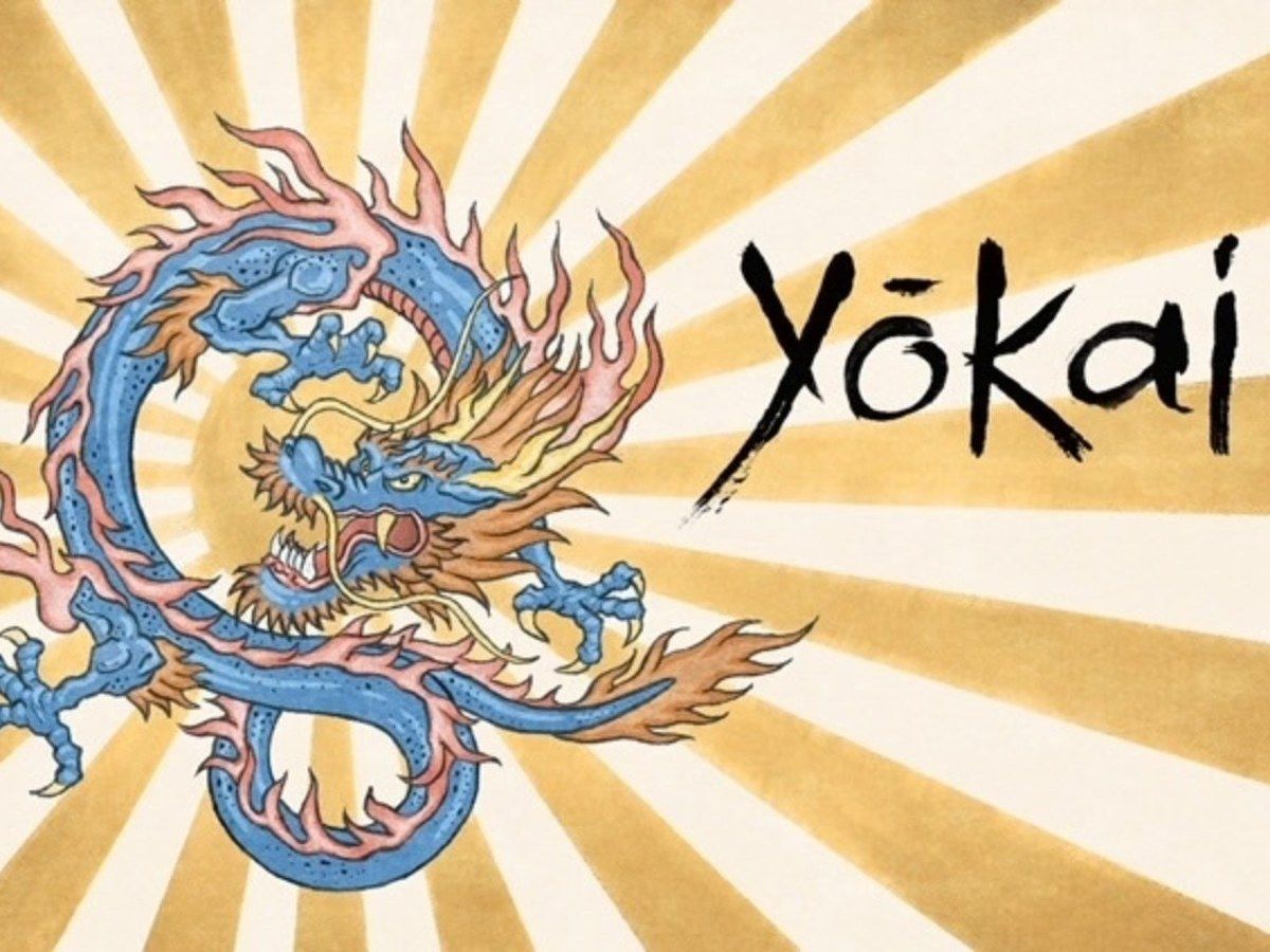 Blue and orange dragon illustration beside the word “Yōkai” on a sunburst background