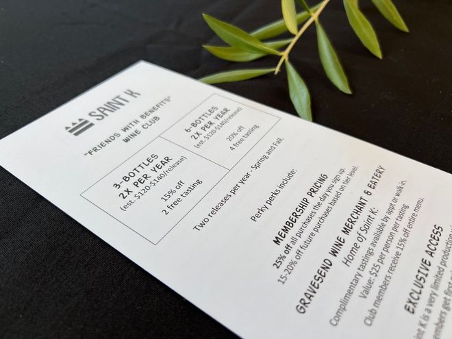 Saint K Friends With Benefits wine club membership card
