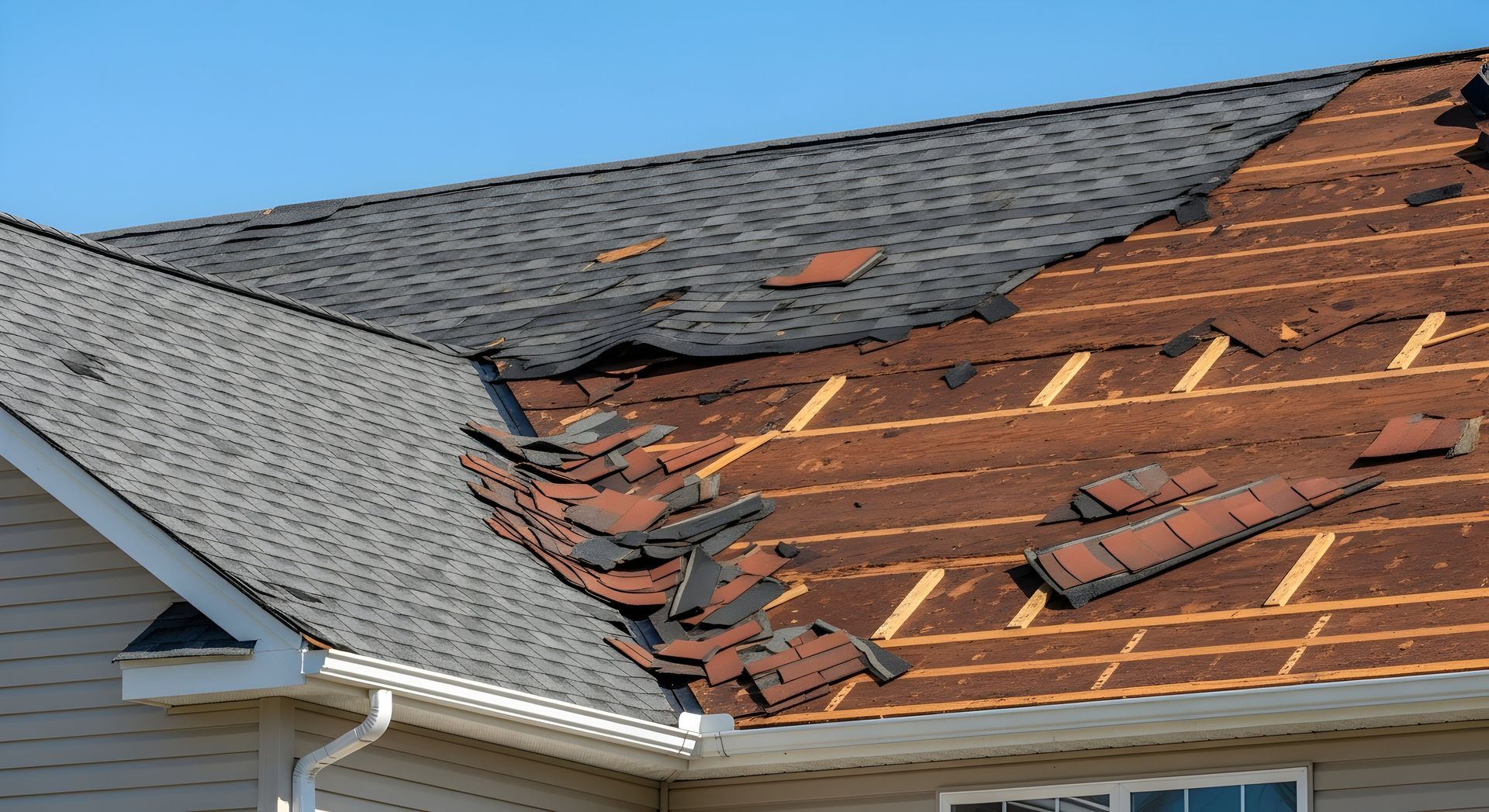 A residential re-roofing project is in progress, showing shingles removed to expose the wooden roof