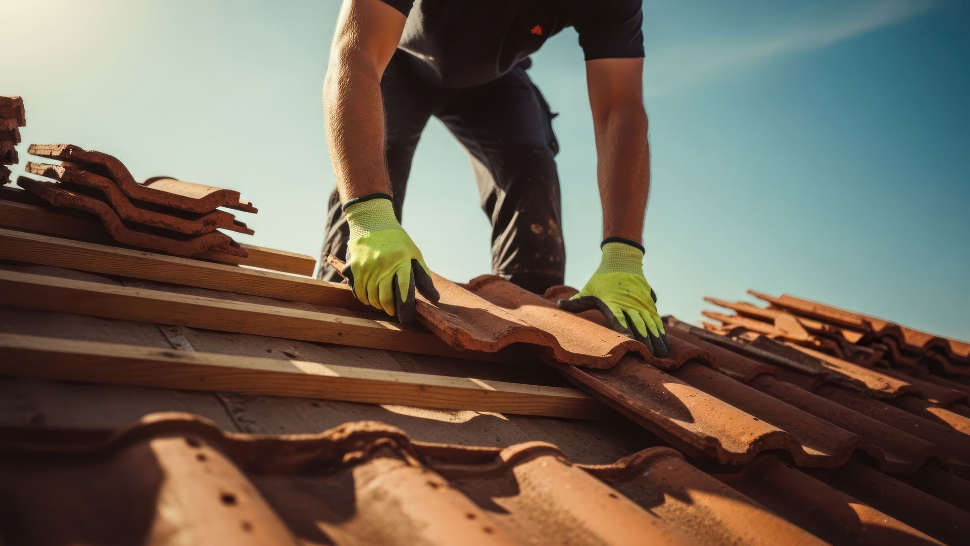 Professional roofer installing new clay tiles during a residential re-roofing project.