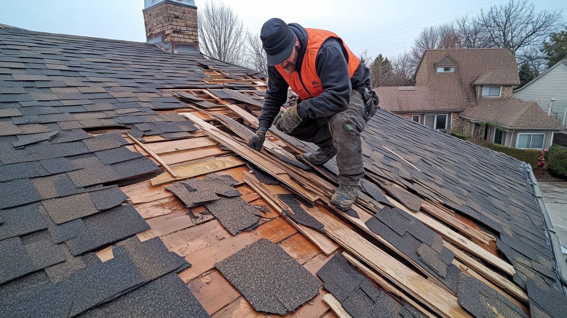 Worker repairing damaged shingle roof on a house, kneeling among exposed wood and scattered shingles.
