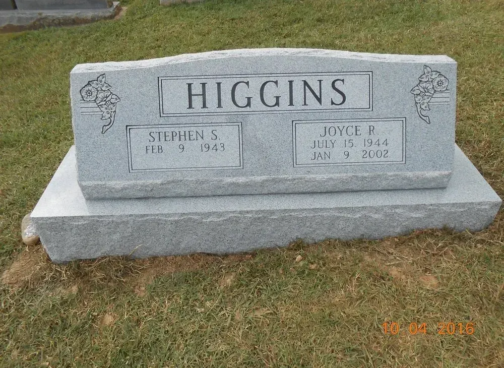Gray granite memorial headstone engraved “HIGGINS” in a grassy cemetery.