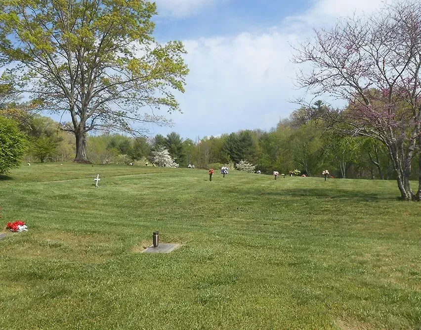 Grassy cemetery with scattered headstones and trees under a partly cloudy sky.