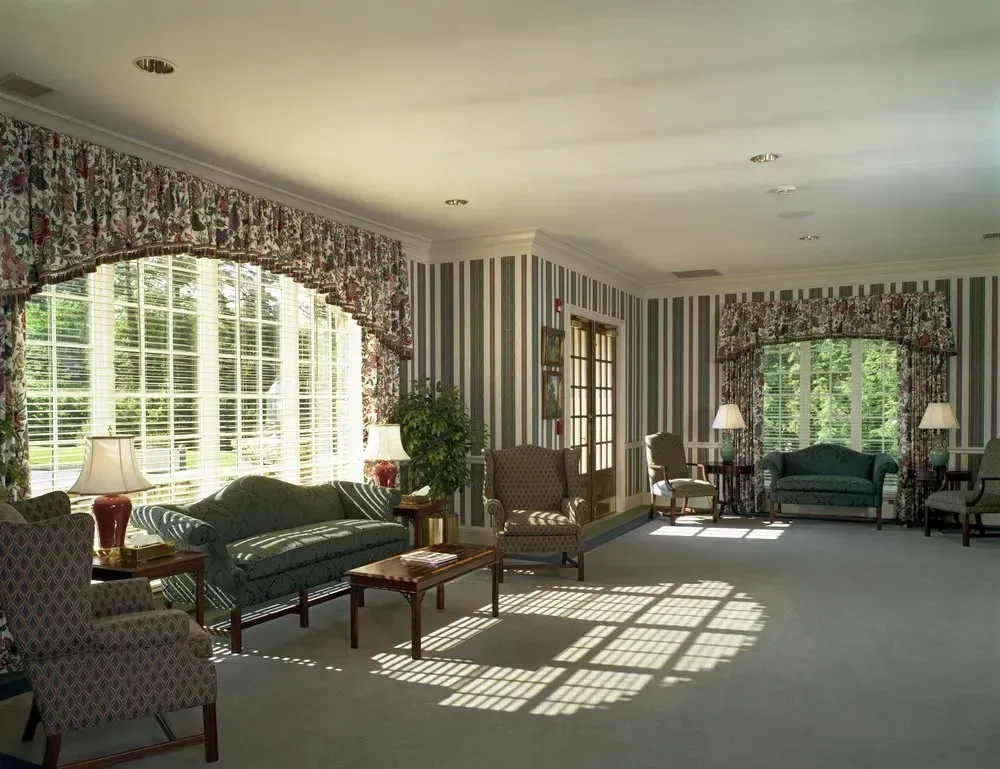 Bright living room with patterned sofas, striped wallpaper, and sunlight streaming through large windows