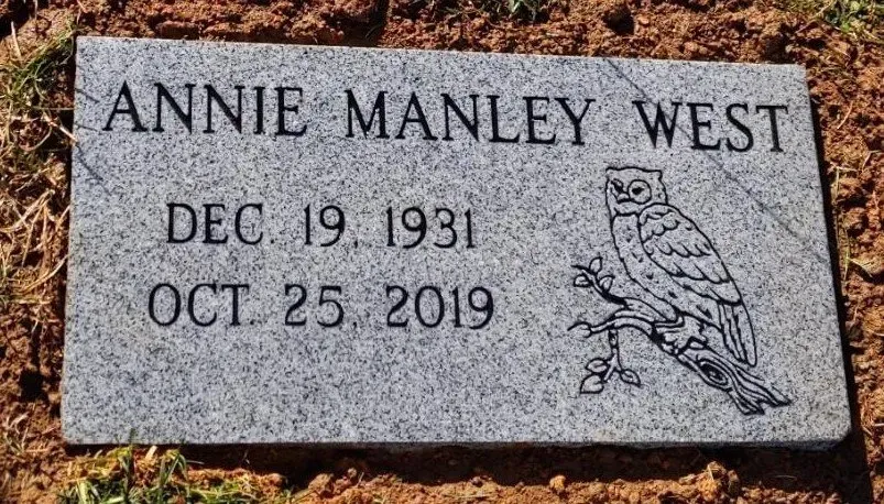 Gravestone for Annie Manley West with owl engraving, showing birth and death dates: Dec. 19, 1931 and Oct. 25, 2019.