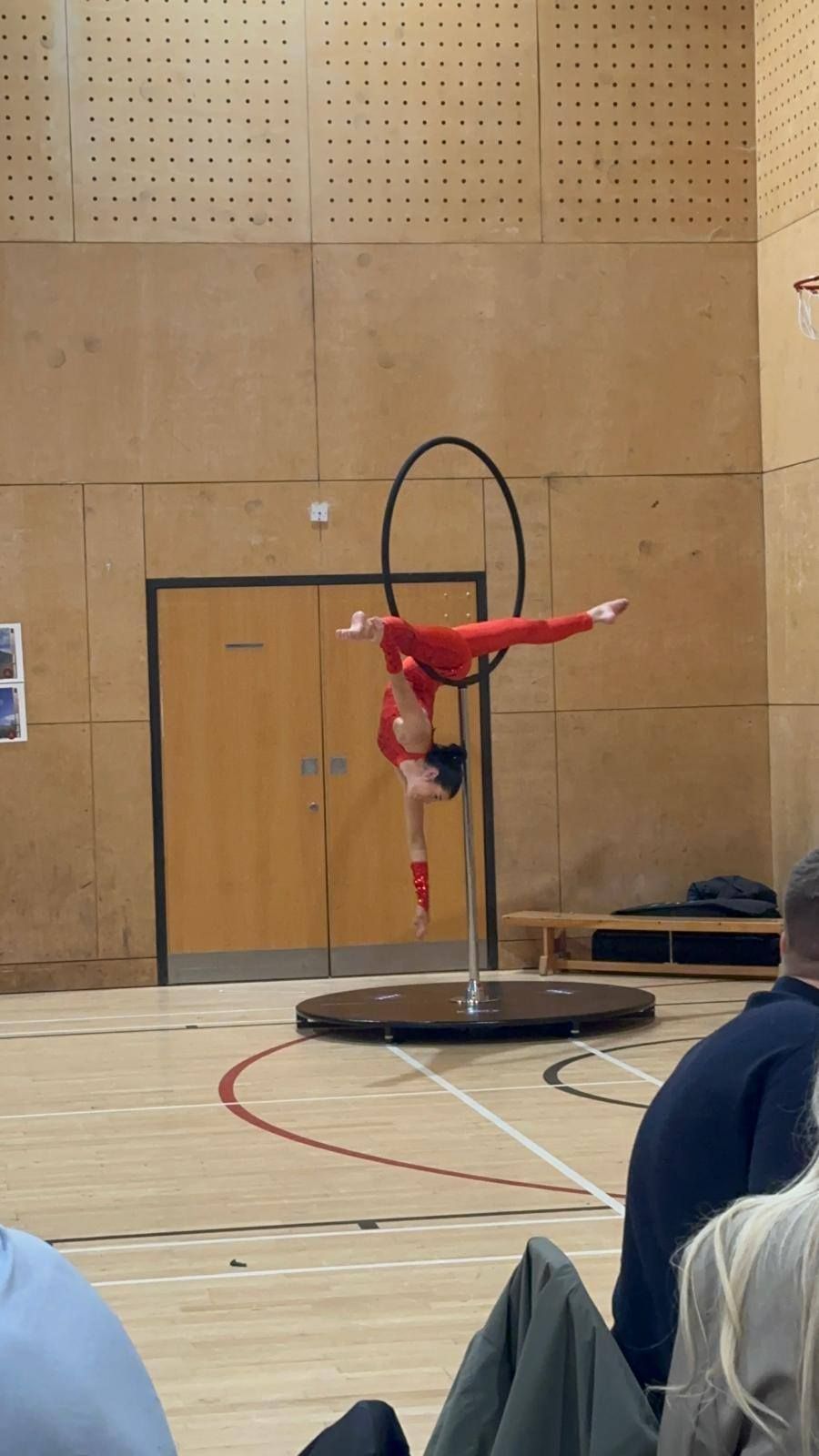 Gymnast in red performs a one-legged balance pose on a hoop apparatus in a gymnasium