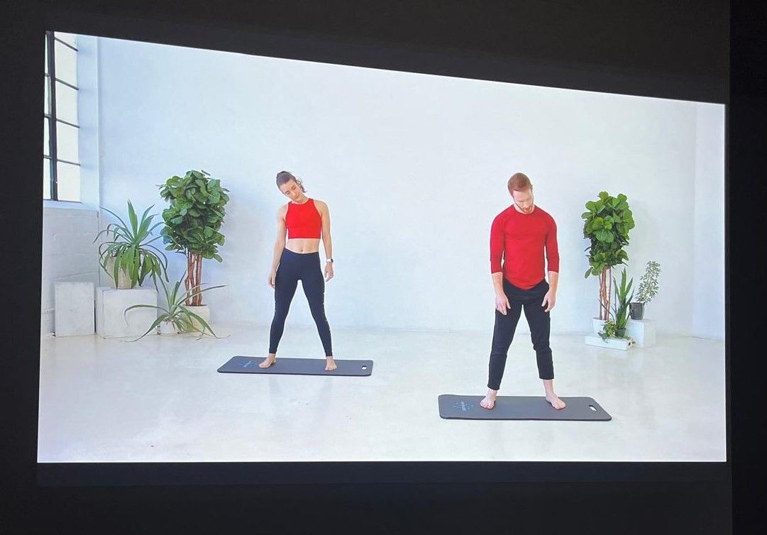 Two people exercising on mats in a bright studio, stepping side to side near potted plants.