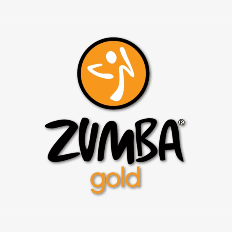 Zumba Gold logo with orange dancer icon and black and gold text on white background