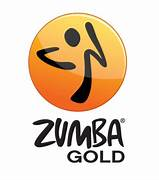 Zumba Gold logo with orange circle, black dancing figure, and black text