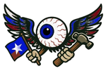 Winged eyeball holding a Texas flag and hammer illustration