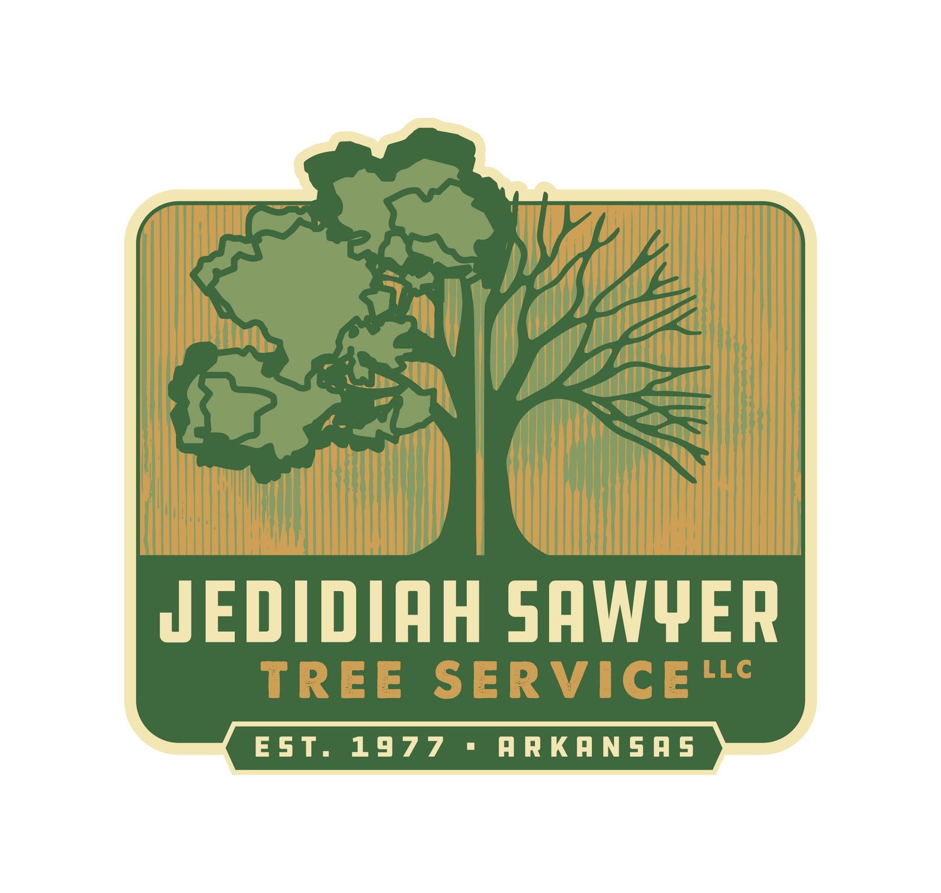 Jedidiah Sawyer Tree Service LLC logo with green tree graphic and Arkansas est. 1977 text