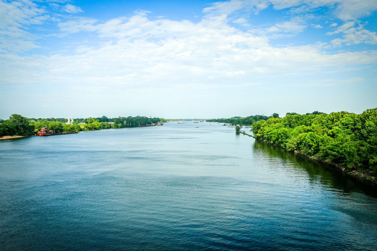 Wide river bordered by lush green trees under a bright blue sky with scattered clouds