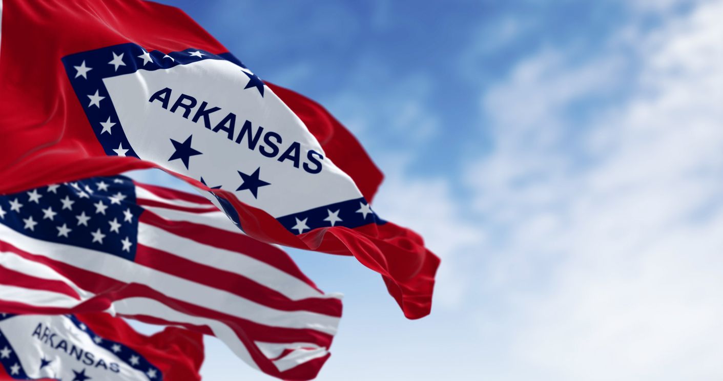 Arkansas state flag waving against a cloudy sky
