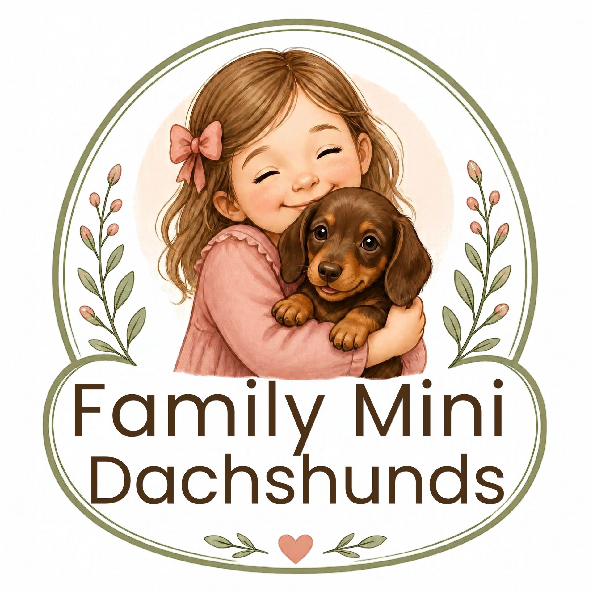 Logo of a girl hugging a dachshund, with the text “Family Mini Dachshunds” in an oval wreath.
