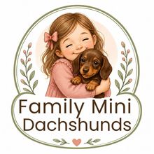 Logo of a girl hugging a dachshund, with the text “Family Mini Dachshunds” in an oval wreath.