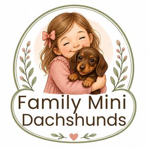 Logo of a girl hugging a dachshund, with the text “Family Mini Dachshunds” in an oval wreath.