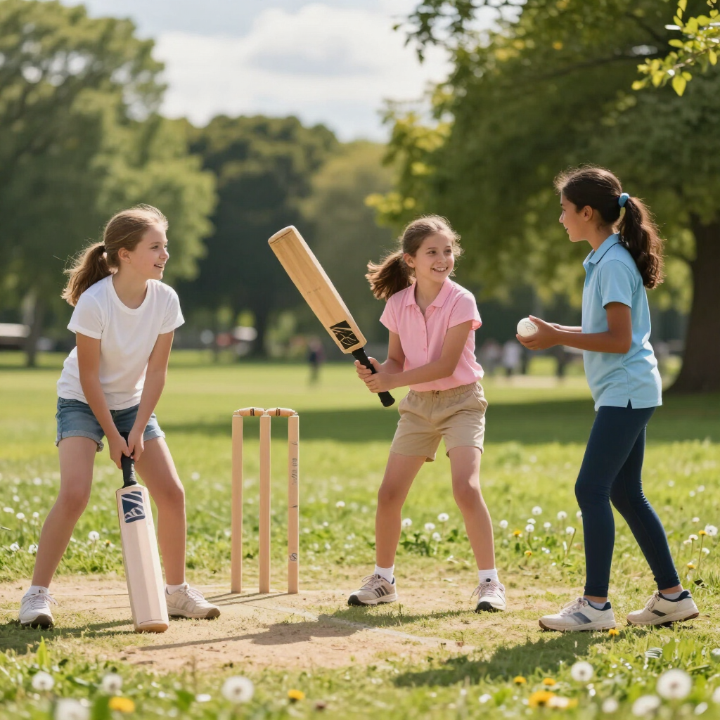 Three kids playing cricket on a sunny park field with bats, stumps, and a ball