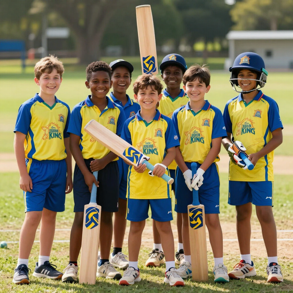 Youth cricket team posing with bats and stumps on a field, wearing yellow and blue uniforms