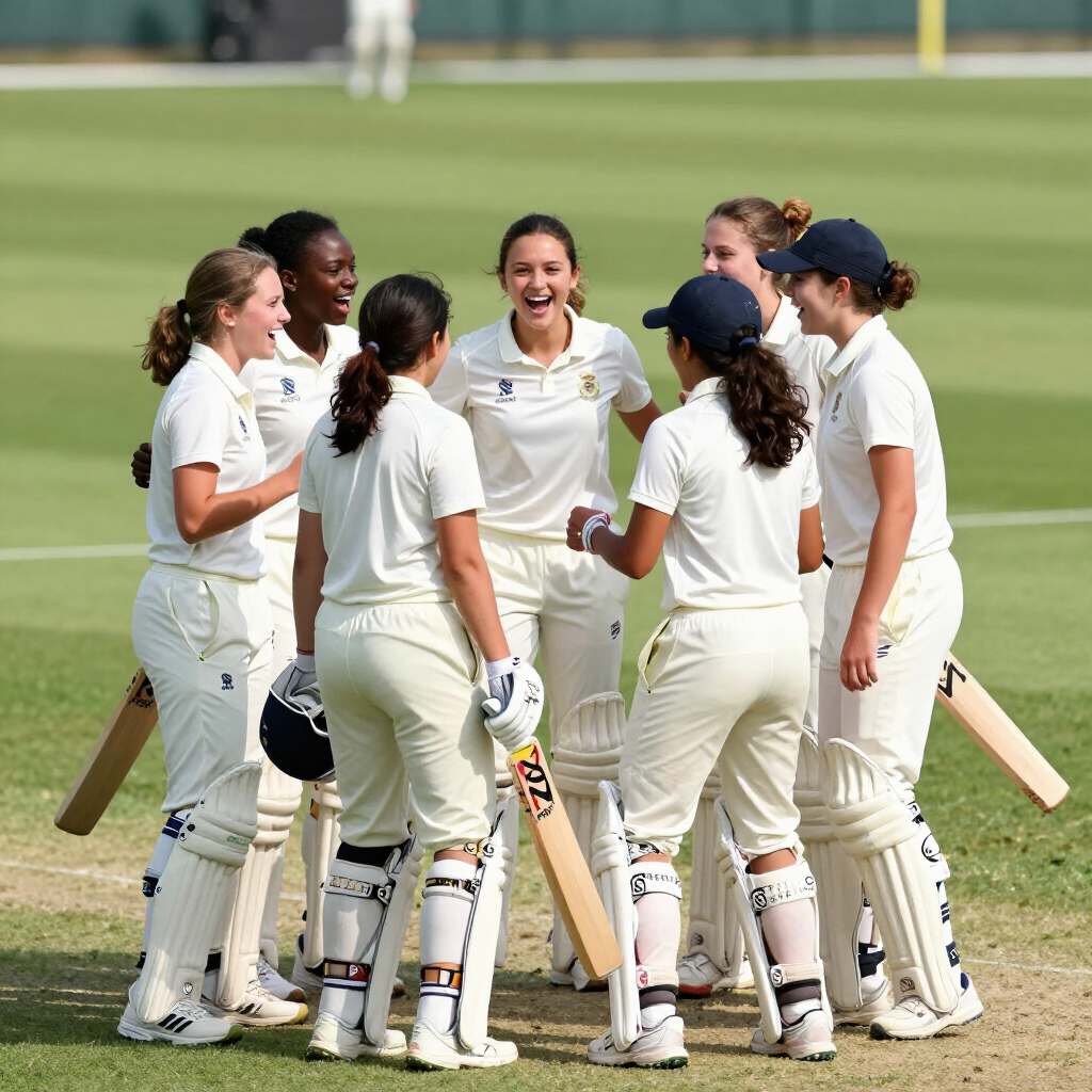 Cricket players in white uniforms huddle on the field, smiling after a match.
