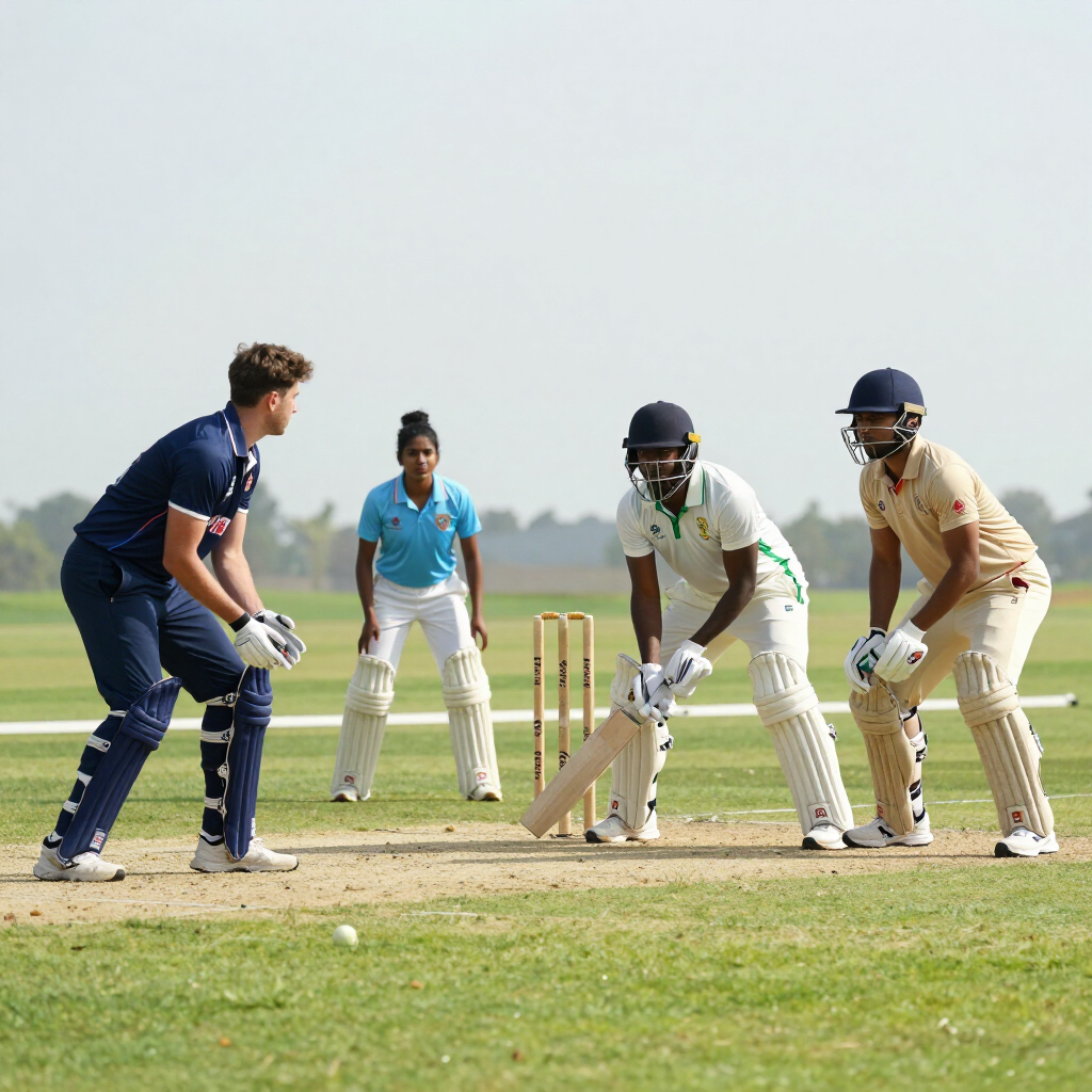 Cricket match with batter, wicketkeeper, bowler, and umpire on a grassy pitch.
