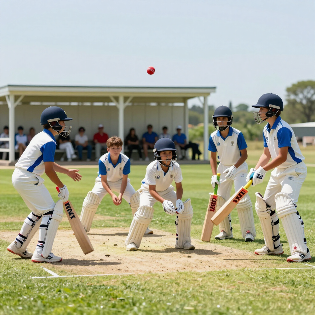 Cricket players in white and blue uniforms face off on a sunny field, with a red ball midair.