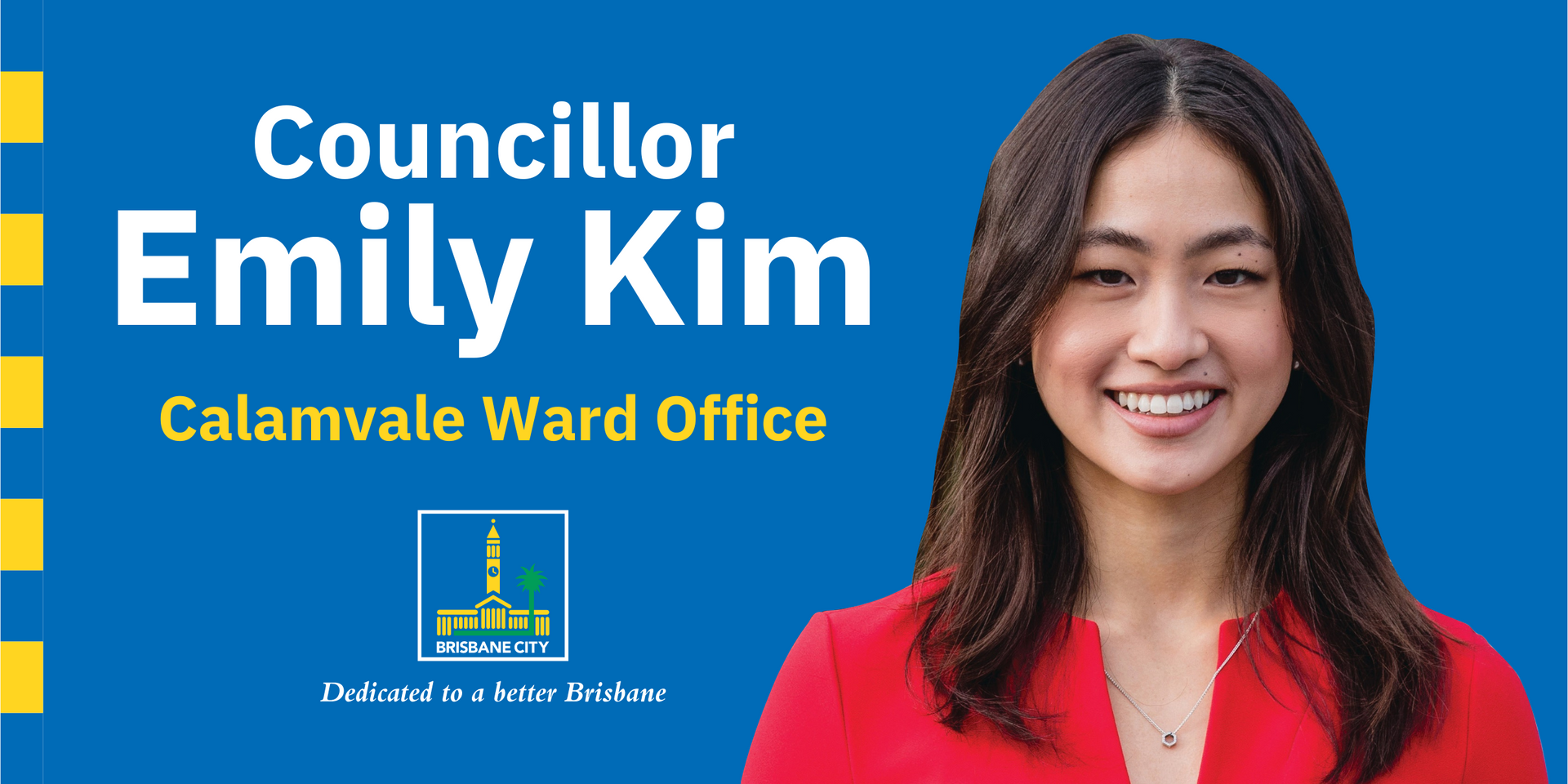 Councillor Emily Kim in red blazer on blue Calumvale Ward Office banner with logo