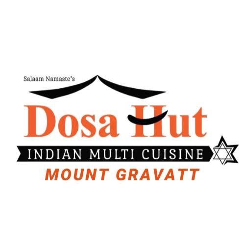 Dosa Hut logo with black roof, orange text, and “Indian Multi Cuisine” and “Mount Gravatt” beneath it