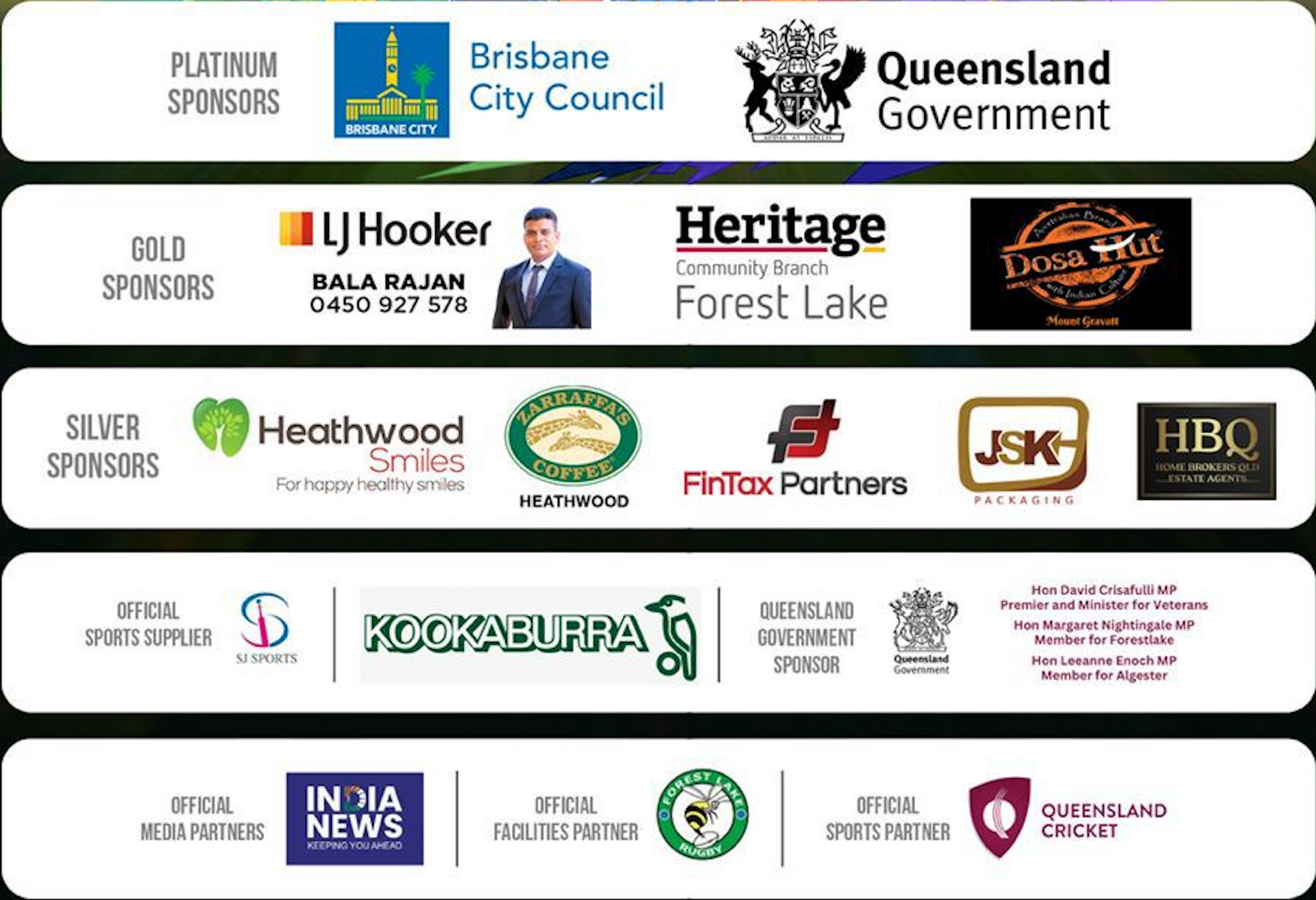 Sponsor logos for Brisbane City Council and Queensland Government, grouped by platinum, gold, silver, and other sponsors.