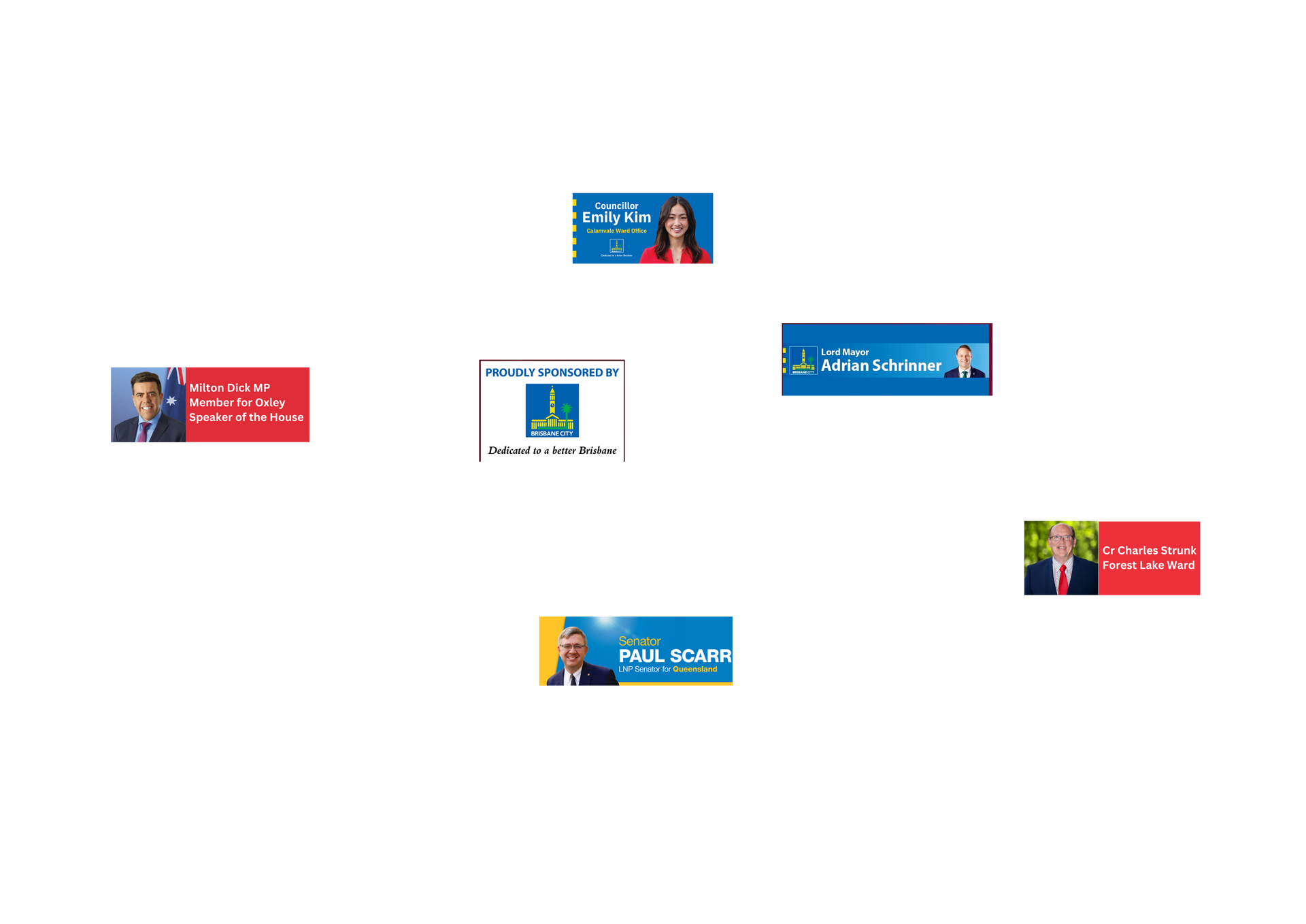 Scattered small colorful banner ads on a white background, with blue and red designs and tiny text/icons