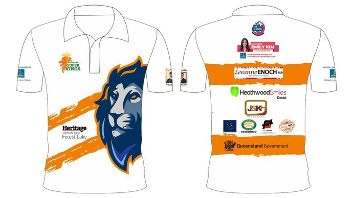 Front and back views of a white soccer jersey with orange stripes, sponsor logos, and a lion graphic.