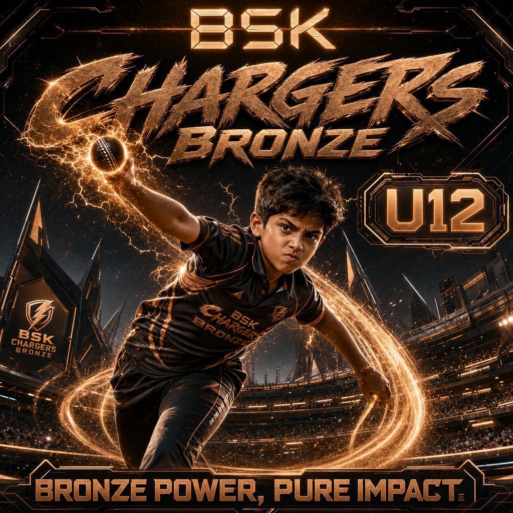 BSK Chargers Bronze U12 poster: young athlete in orange-black gear with glowing sparks, slogan “Bronze Power, Pure Impact.”