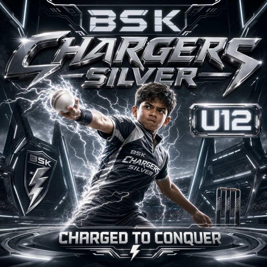 BSK Chargers Silver sports poster with a youth player in dark uniform, lightning, and “Charged to Conquer” text