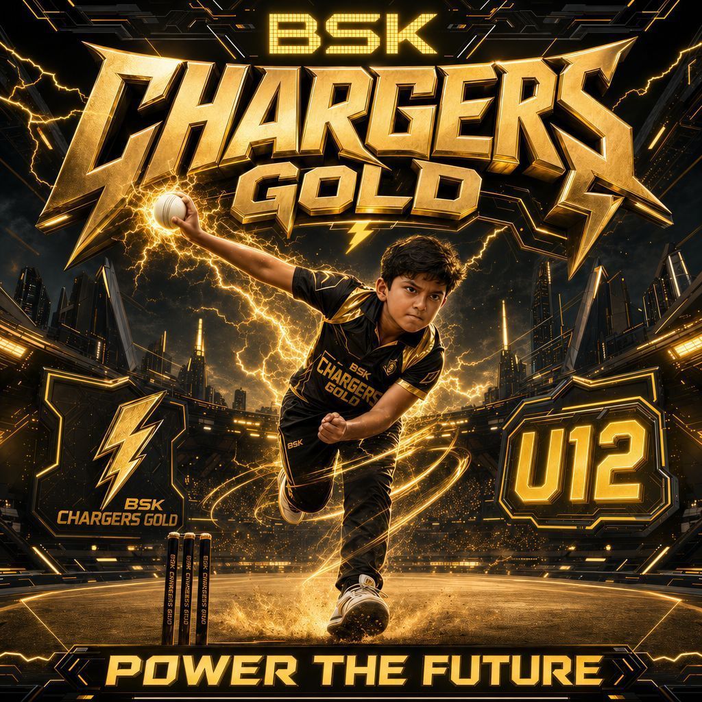 BSK Chargers Gold U12 cricket poster with a young player in black and gold, lightning accents, and
