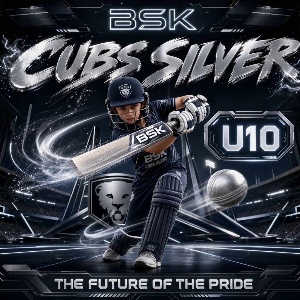 Cubs Silver cricket poster with a batsman swinging, bold “U10,” and the tagline “The Future of the Pride”