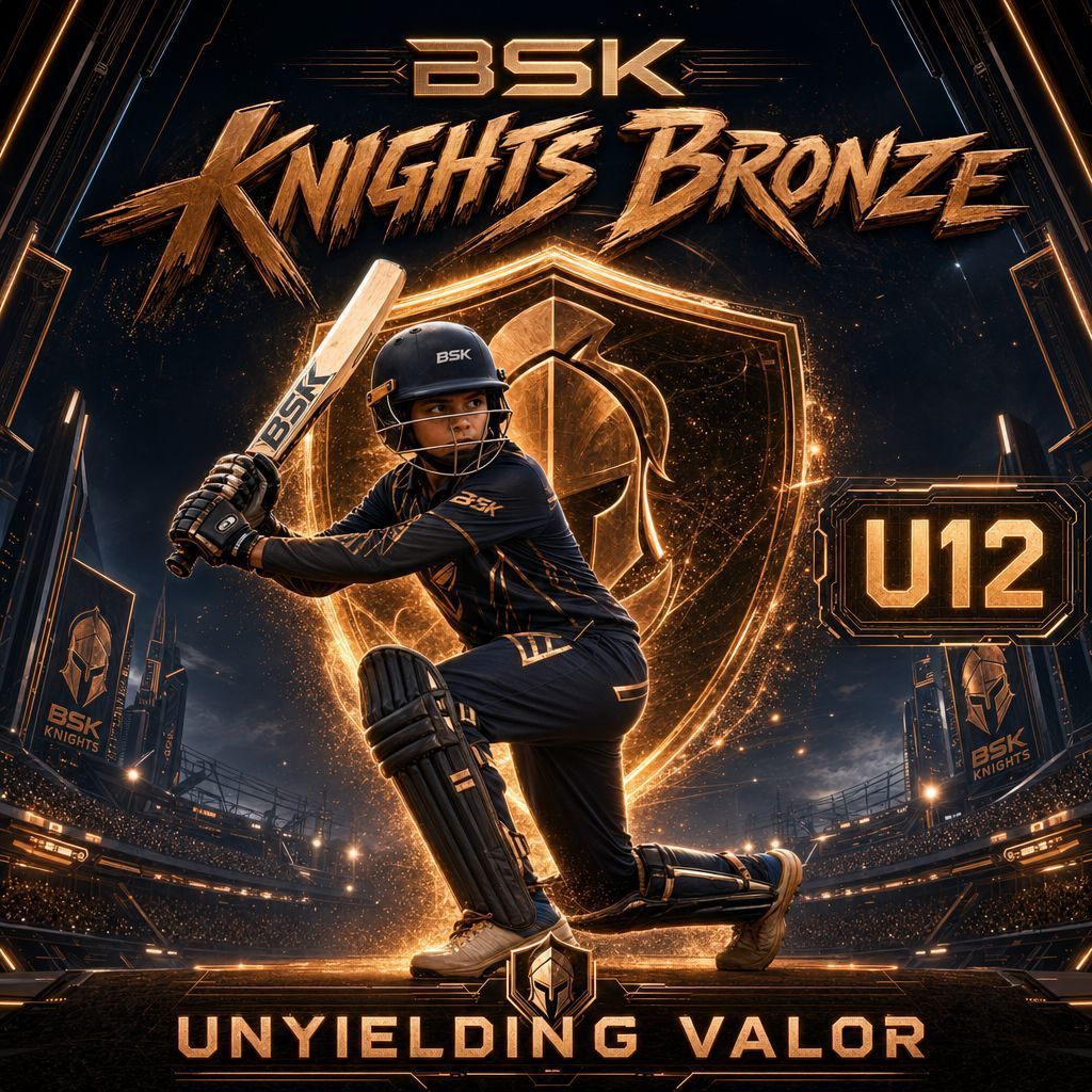 U12 baseball player in dark uniform batting, with bronze “Knights Bronze” team logo and “Unyielding Valor” text