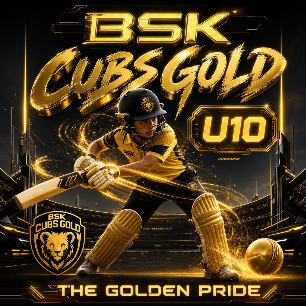 Golden cricket poster for BSK Cubs Gold U10, showing a batter in gold gear with the slogan “The Golden Pride.”