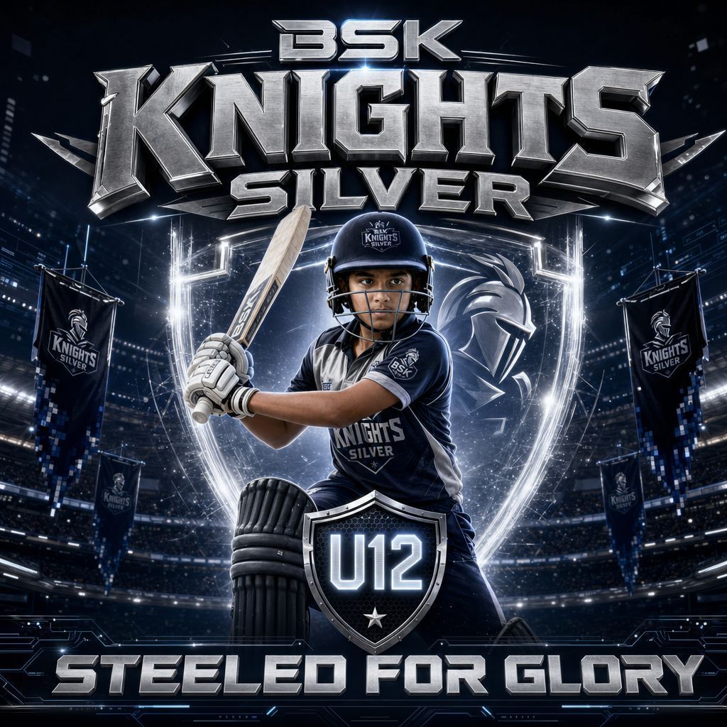 BSK Knights Silver baseball poster with batter in navy uniform, silver bat, and “Steeled for Glory” slogan