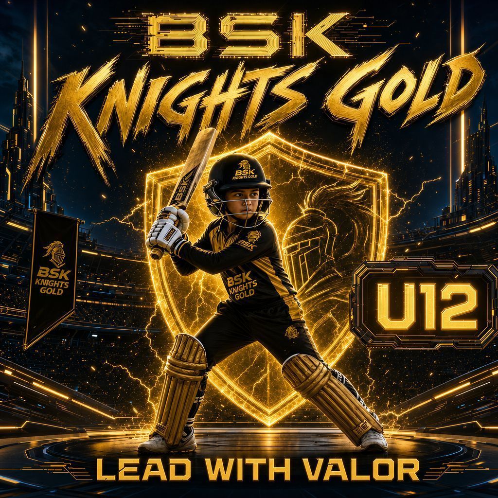 BSK Knights Gold U12 baseball player in gold-and-black gear with “Lead with Valor” text