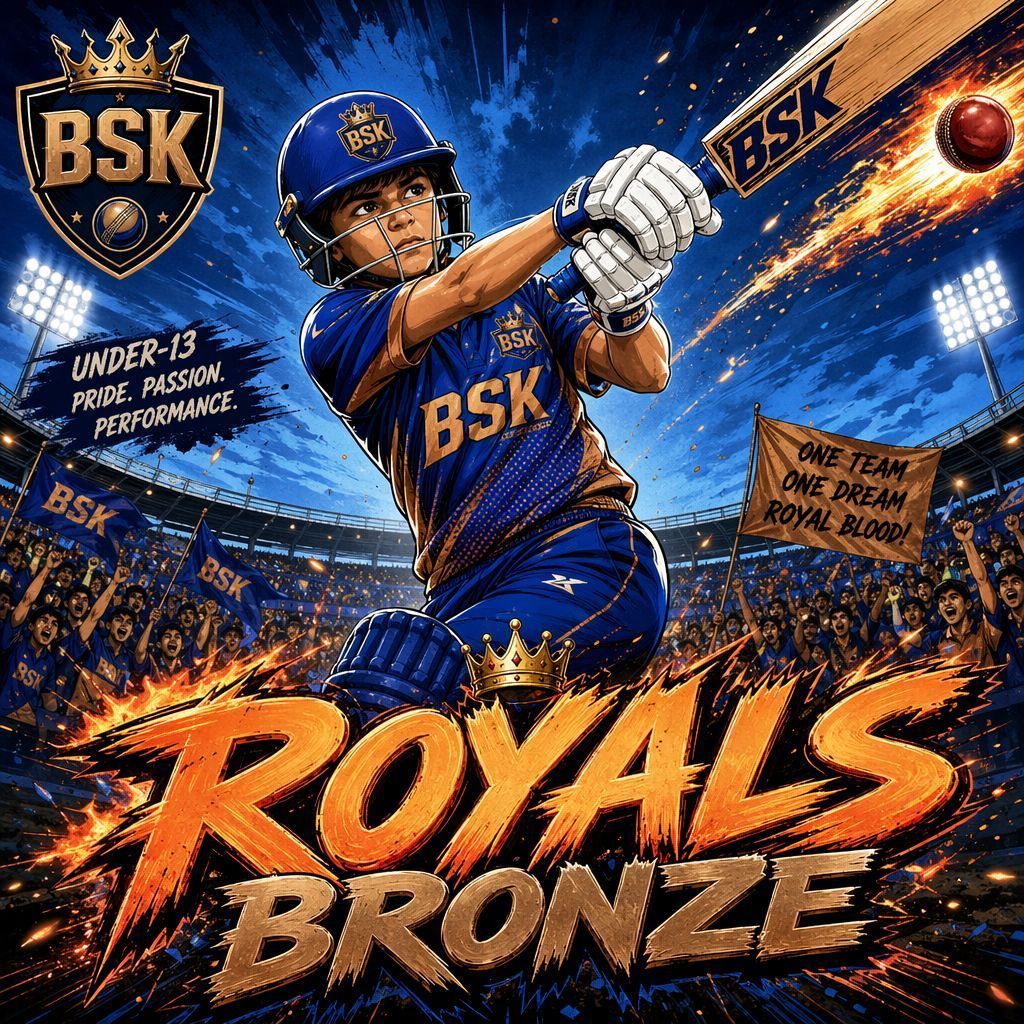 Young baseball player in blue BSK uniform swings under stadium lights with “Royals Bronze” text.