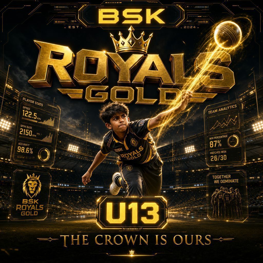BSK Royal Gold U13 soccer promo with a player in gold, crown, and glowing trophy-like orb