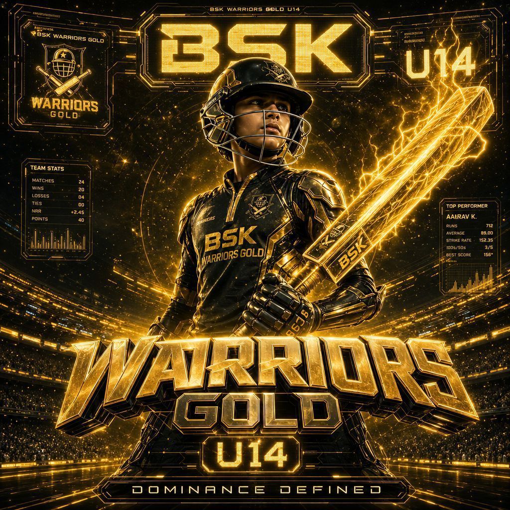 Gold-and-black Warriors Gold U14 team poster with a hooded player holding a bat.