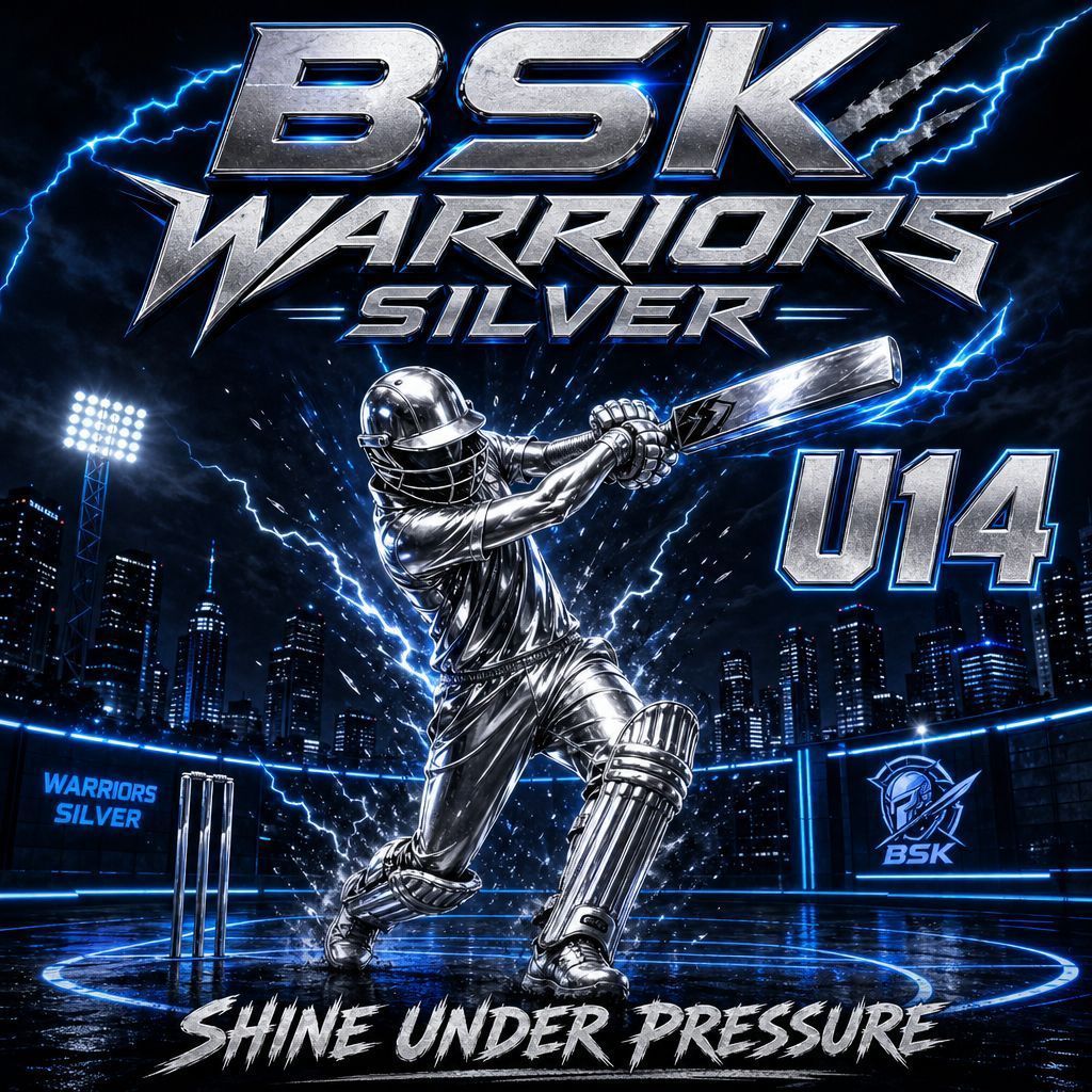 BSK Warriors Silver U14 hockey player with neon blue effects and slogan “Shine Under Pressure”